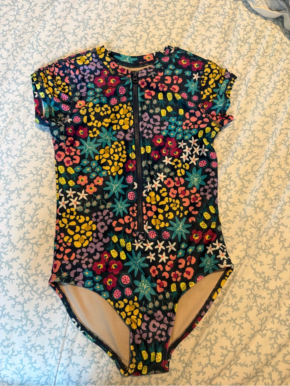 Tea Collection Navy Floral Zip-Front One-Piece Swimsuit - Yellow, Teal, Pink